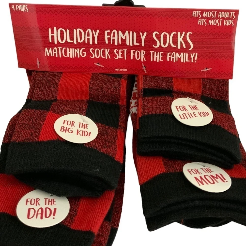 Holiday Family Matching Socks 4 Pack Christmas Tartan Plaid Red Black Adult Kids